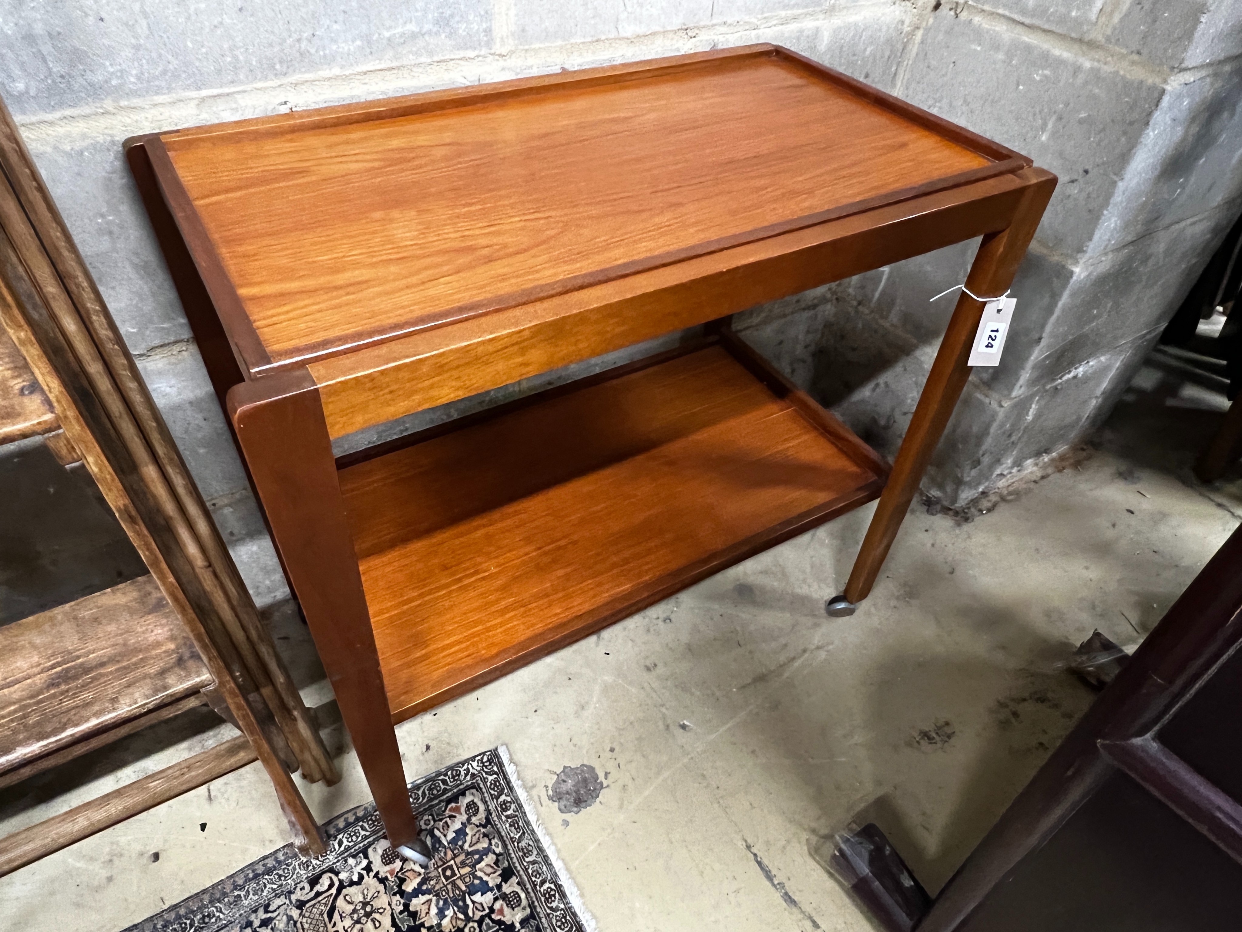 A Remploy teak two tier tea trolley, width 71cm, depth 41cm, height 68cm